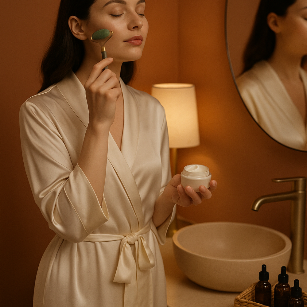 Ensemble Rouleau de pierre pour le visage en jade vert et Gua Sha