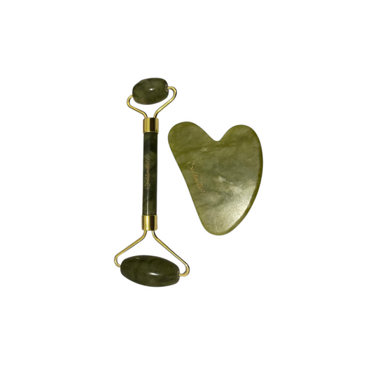 Ensemble Rouleau de pierre pour le visage en jade vert et Gua Sha